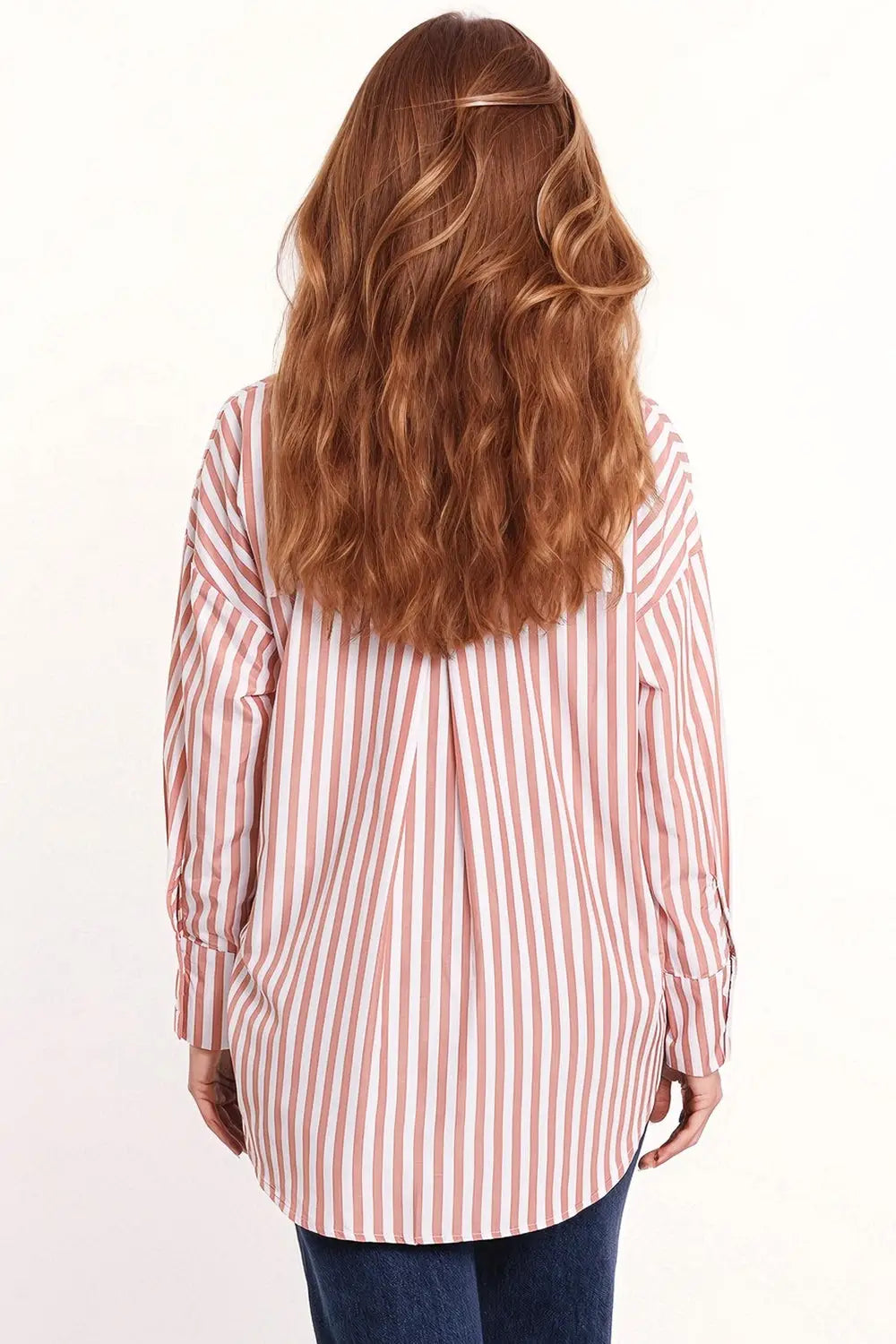 White oversized blouse with vertical stripes in pink and chest pocket - Shirts