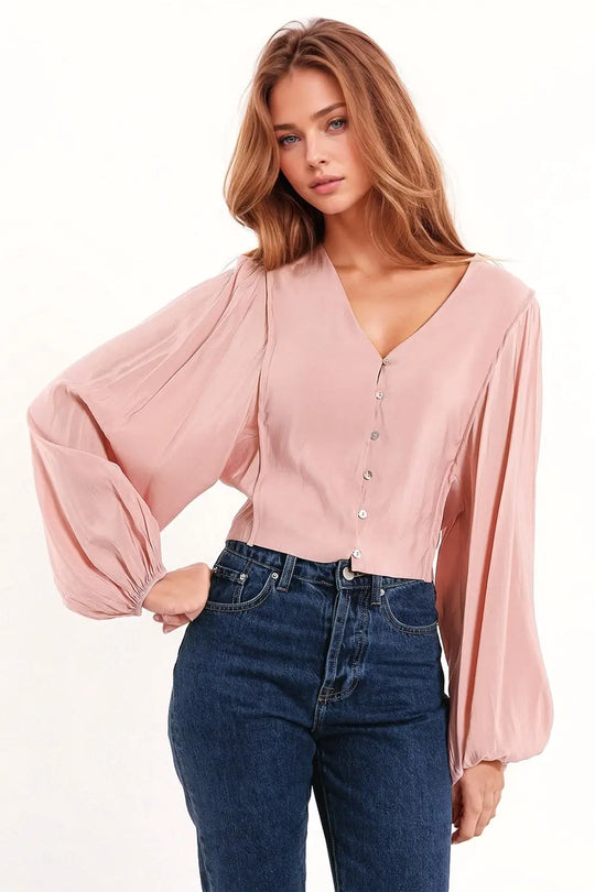 V-neck Cropped Shirt With Super Voluminous Sleeves in Pink - Shirts Tops