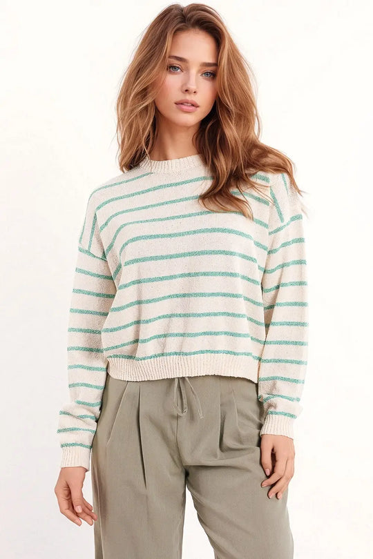 Sweater With Drop Shoulders in White with Green Stripes - Sweaters