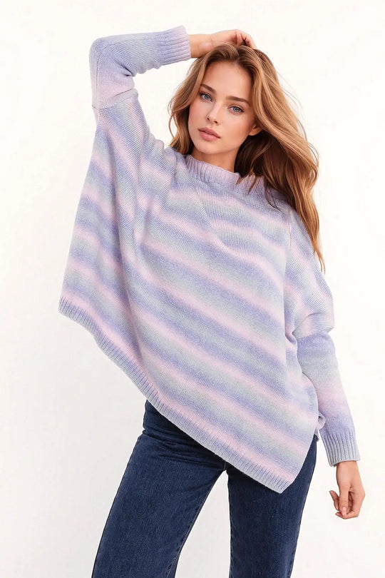 Oversized Multicolor in Shades of Purple High Neck Sweater With Side Slits - PURPLE / ONE - Sweaters