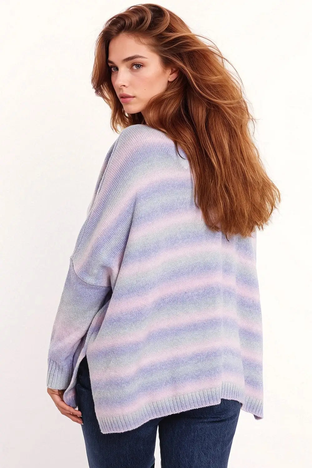 Oversized Multicolor in Shades of Purple High Neck Sweater With Side Slits - PURPLE / ONE - Sweaters