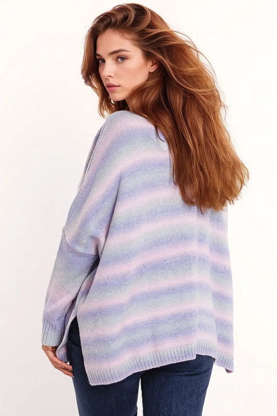 Oversized Multicolor in Shades of Purple High Neck Sweater With Side Slits - PURPLE / ONE - Sweaters