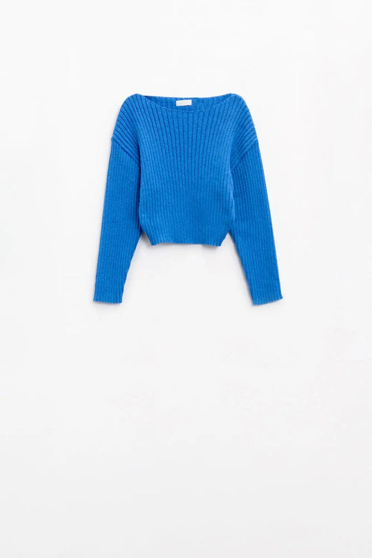 Relaxed Ribbed Boat Neck Sweater in Blue - Sweaters