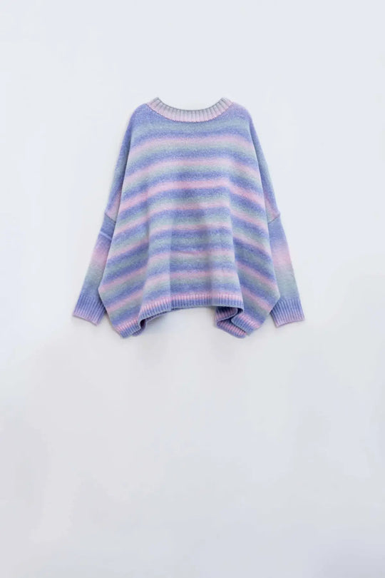 Oversized Multicolor in Shades of Purple High Neck Sweater With Side Slits - PURPLE / ONE - Sweaters