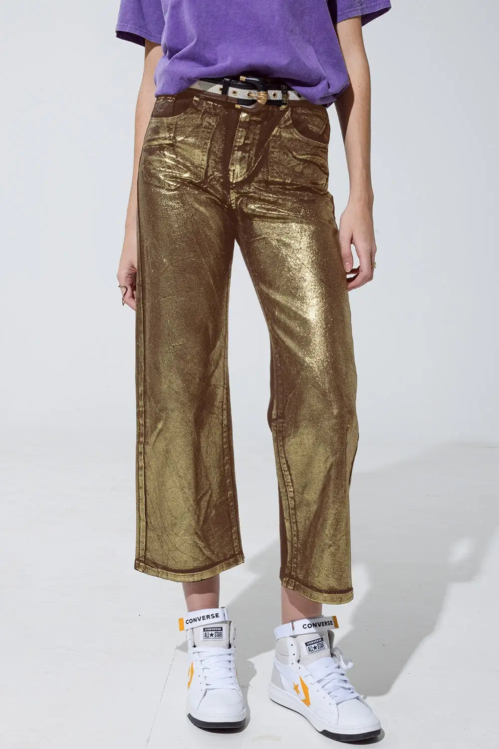 Brown straight leg jeans with gold metallic glow - Colored Jeans