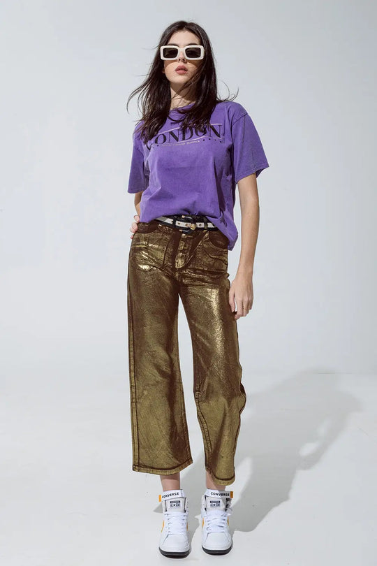 Brown straight leg jeans with gold metallic glow - Colored Jeans