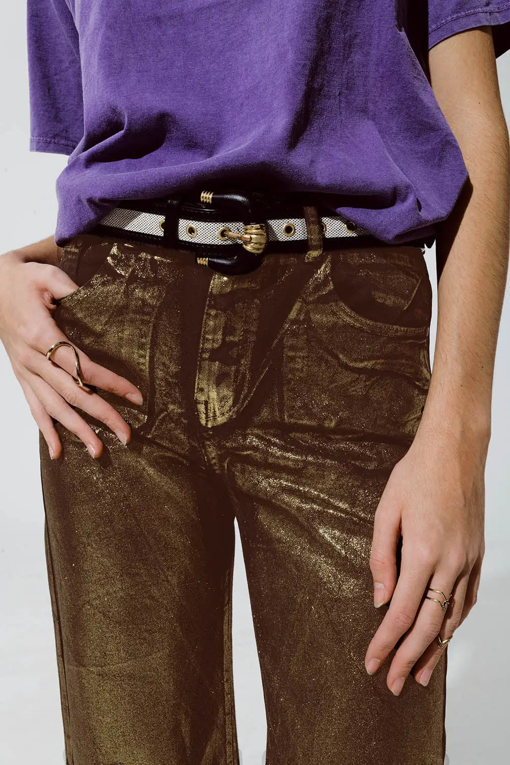 Brown straight leg jeans with gold metallic glow - Colored Jeans