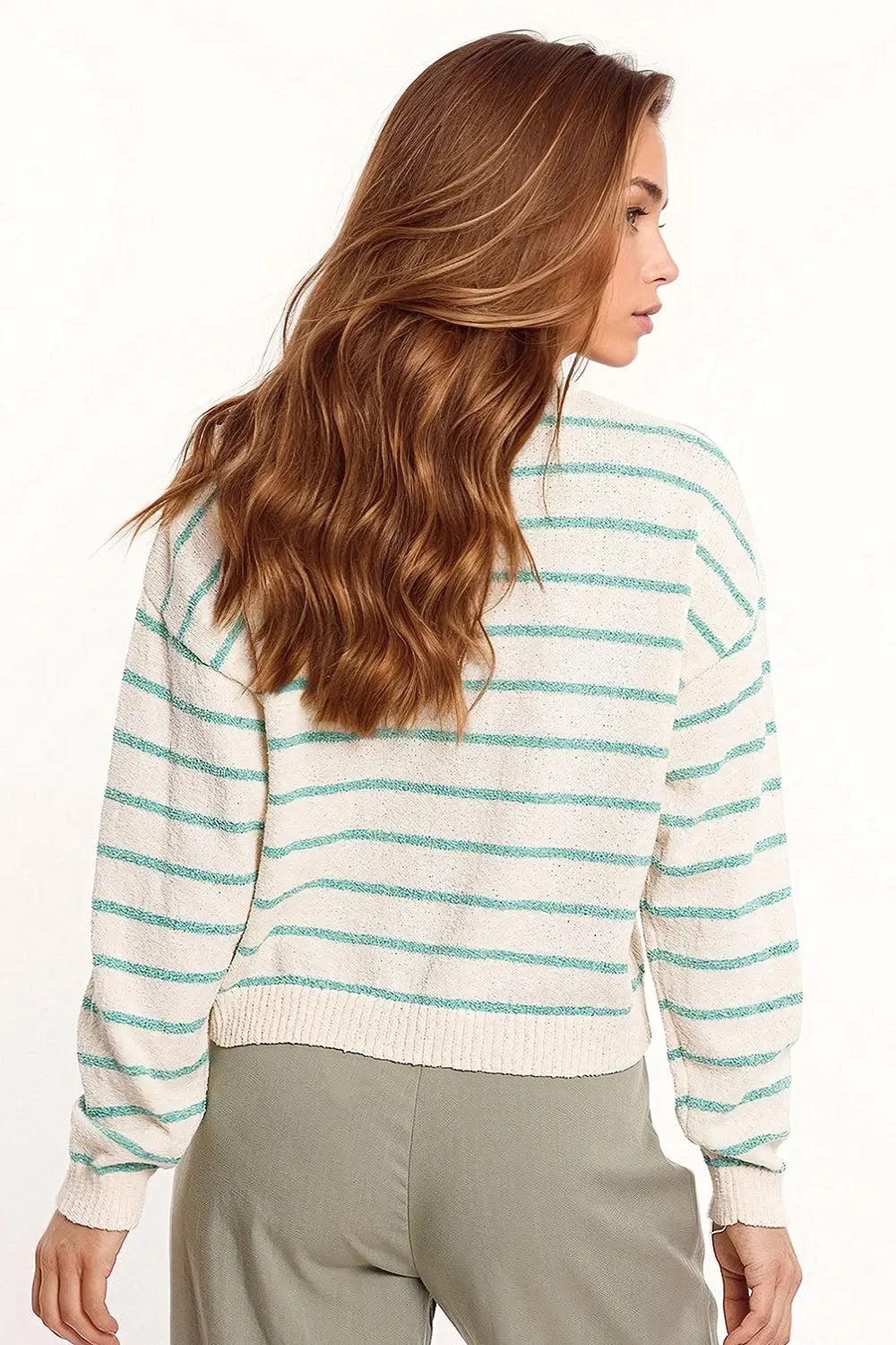Sweater With Drop Shoulders in White with Green Stripes - Sweaters