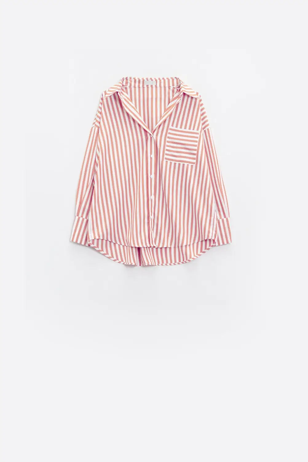 White oversized blouse with vertical stripes in pink and chest pocket - Shirts