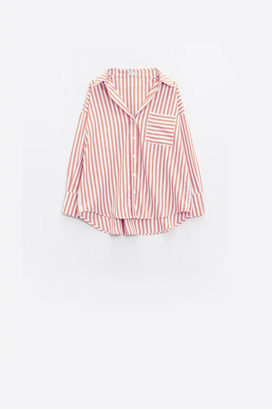 White oversized blouse with vertical stripes in pink and chest pocket - Shirts