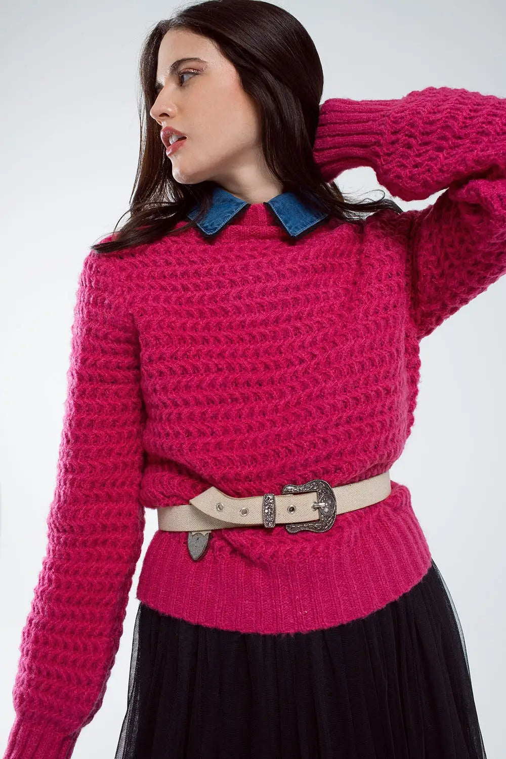 Waffle Knit Relaxed jumper With High Neck in Red - FUCHSIA / ONE - Sweaters