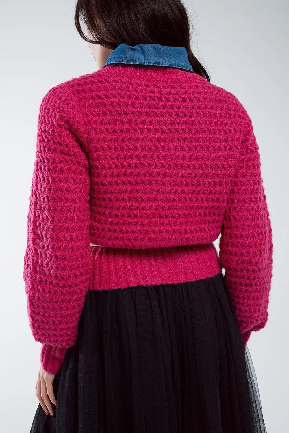 Waffle Knit Relaxed jumper With High Neck in Red - FUCHSIA / ONE - Sweaters