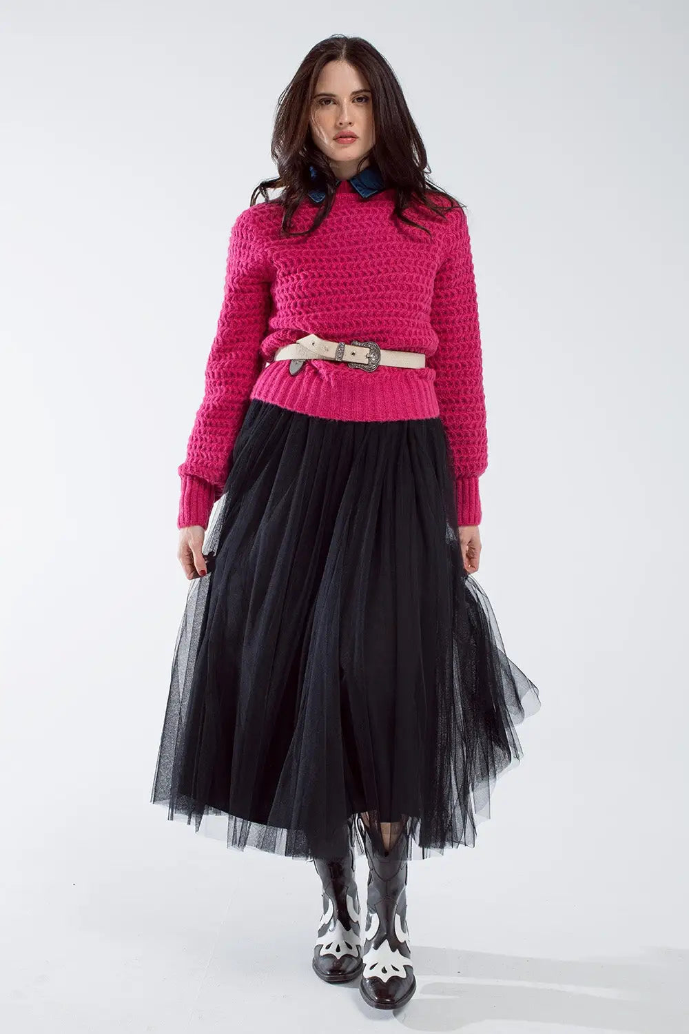 Waffle Knit Relaxed jumper With High Neck in Red - FUCHSIA / ONE - Sweaters