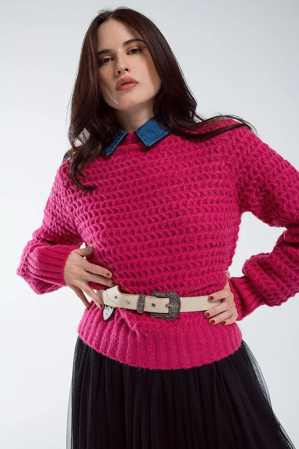 Waffle Knit Relaxed jumper With High Neck in Red - FUCHSIA / ONE - Sweaters