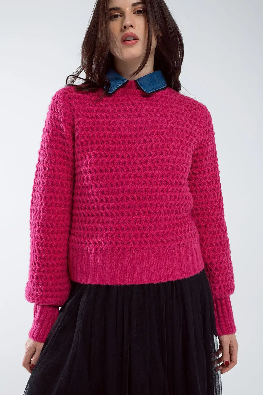 Waffle Knit Relaxed jumper With High Neck in Red - FUCHSIA / ONE - Sweaters