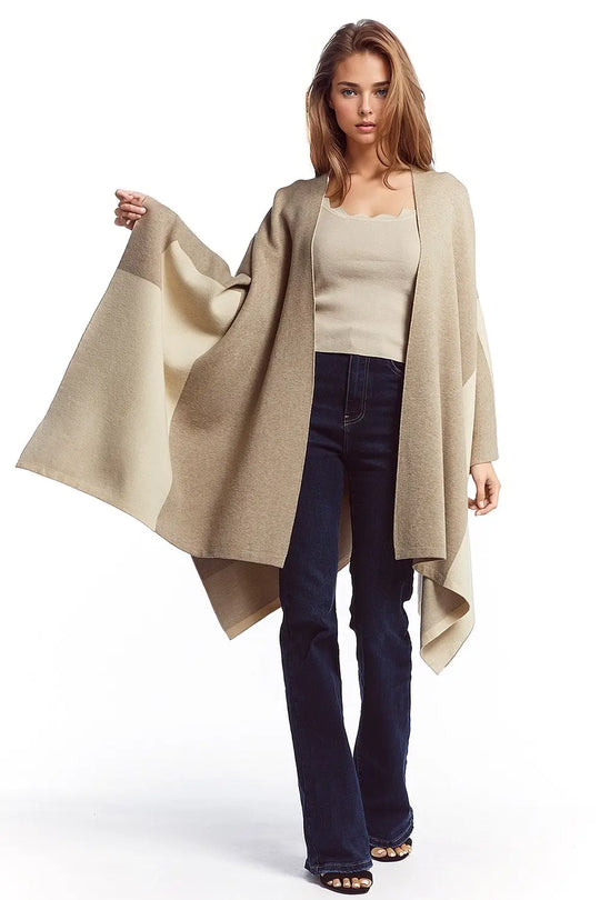 Asymmetrical poncho in light and dark brown - BEIGE / ONE - Jackets Cardigans