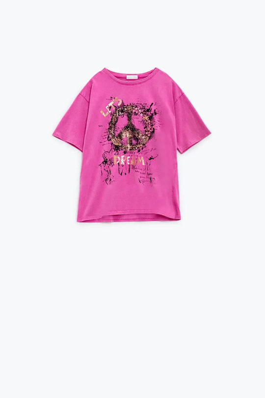 Short Sleeve T-shirt With Graphic Peace Sign Design At The Front In Fuchsia - PINK / ONE - T-Shirts