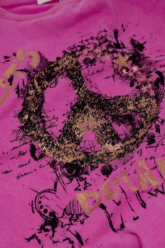 Short Sleeve T-shirt With Graphic Peace Sign Design At The Front In Fuchsia - PINK / ONE - T-Shirts