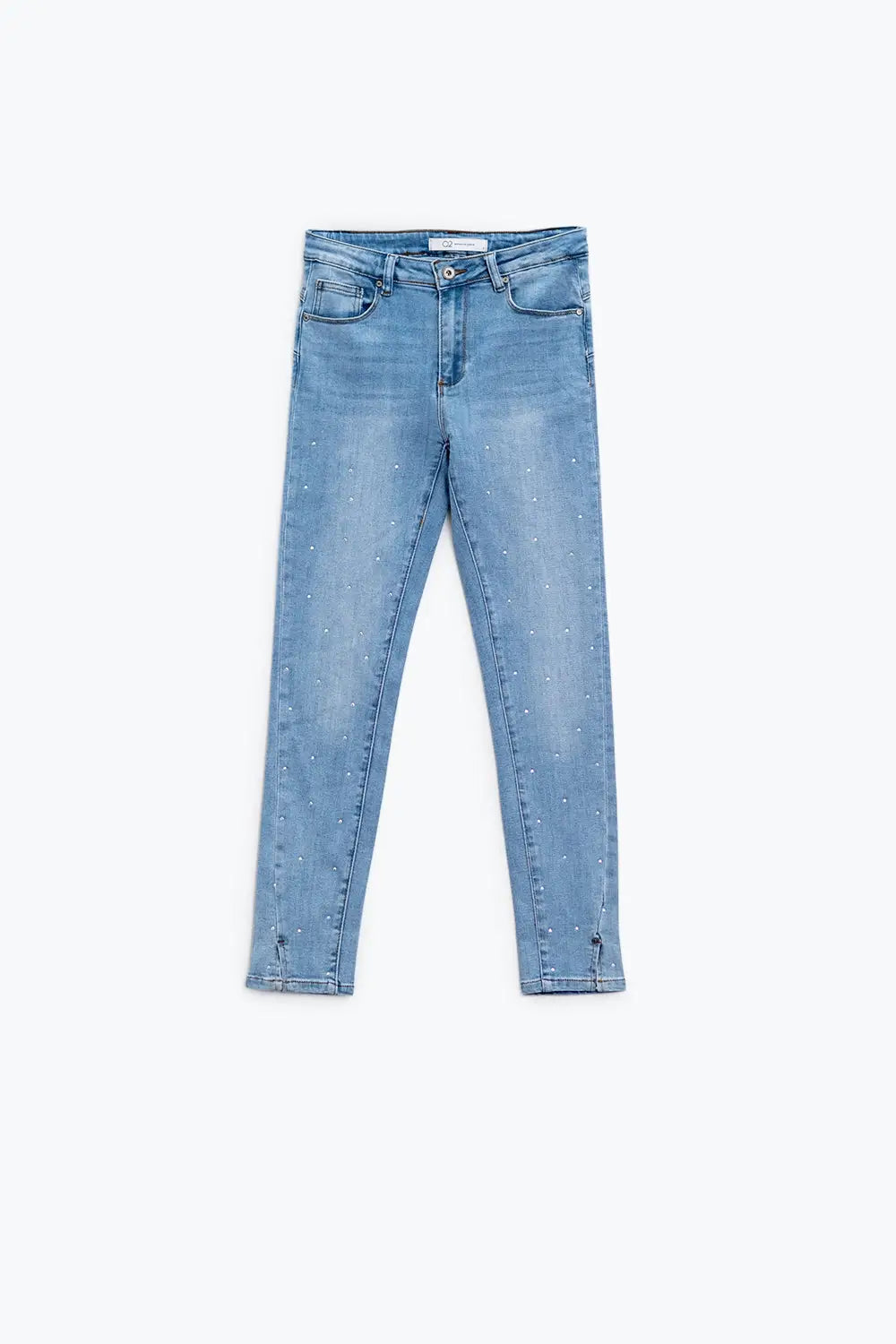 Five-pocket skinny jeans in stretch denim with strass detail all over
