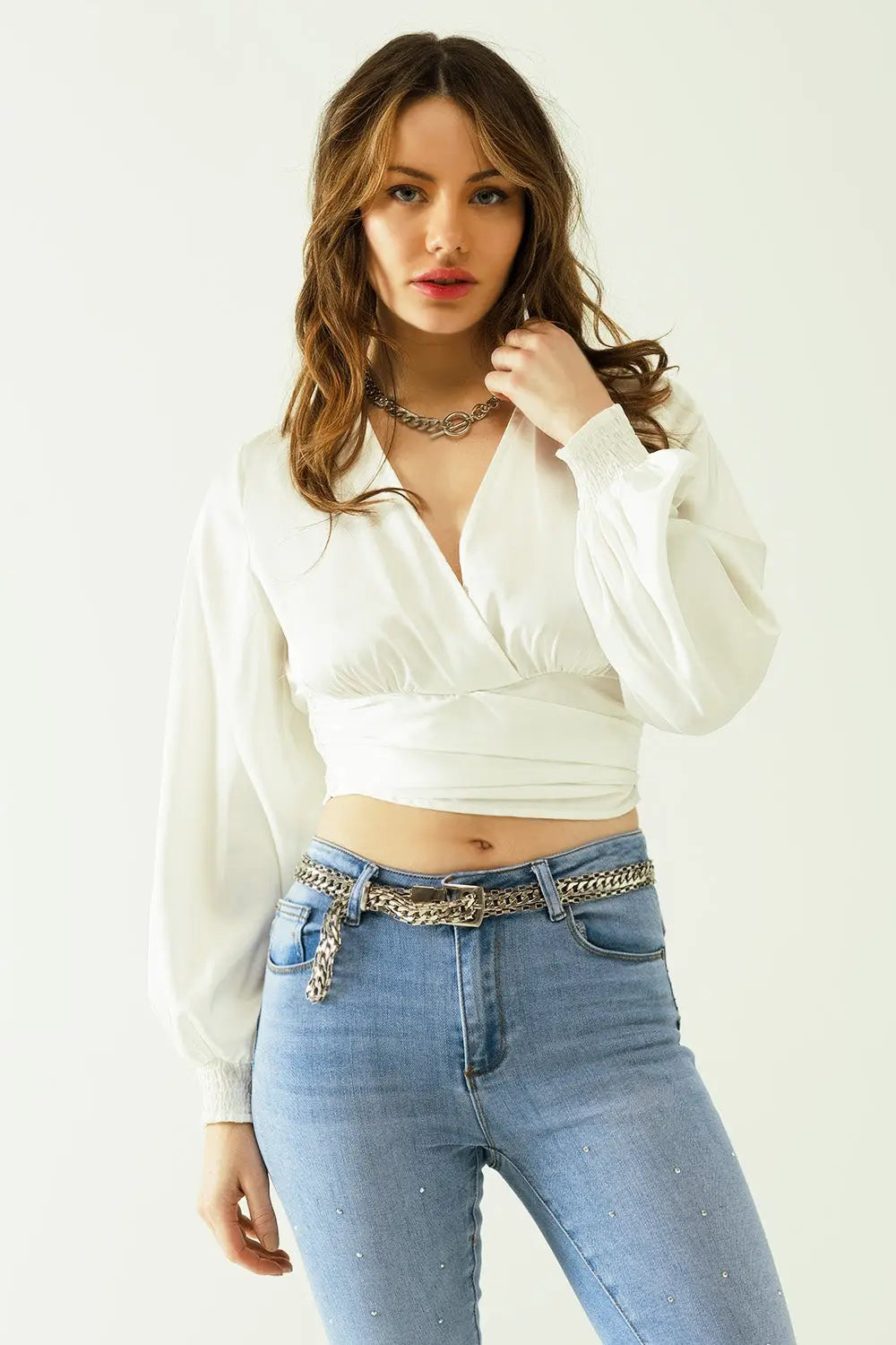 satin wrap crop top fitted at the waist in white - Tops