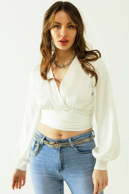 satin wrap crop top fitted at the waist in white - Tops