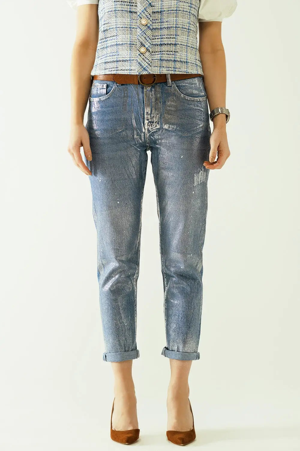 skinny blue jeans with metallic finish in light wash