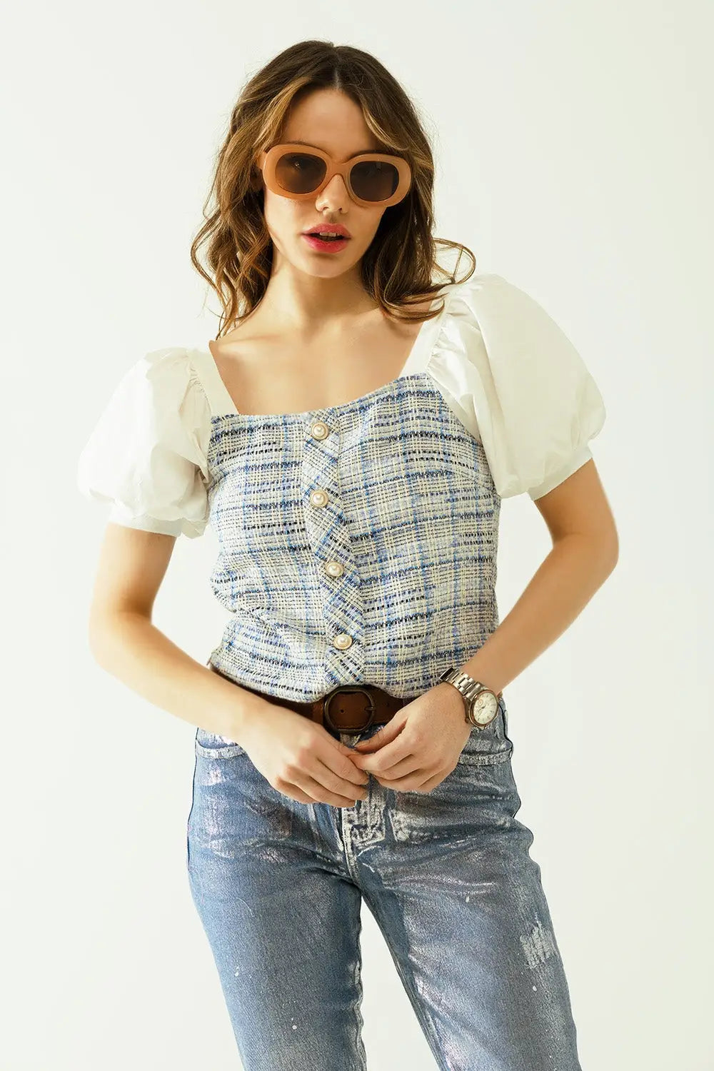 Blue Tweed top with voluminous short sleeves and pearl buttons - Tops