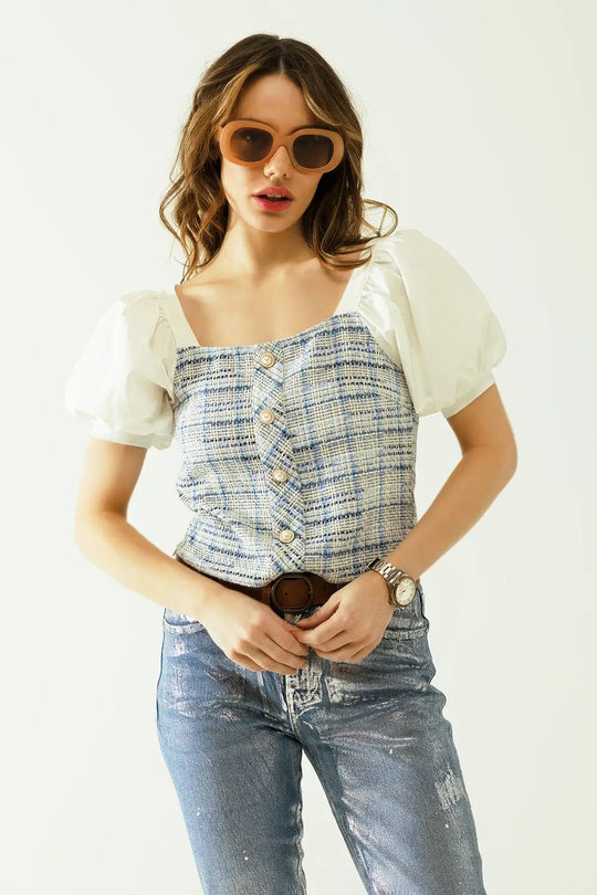 Blue Tweed top with voluminous short sleeves and pearl buttons - Tops