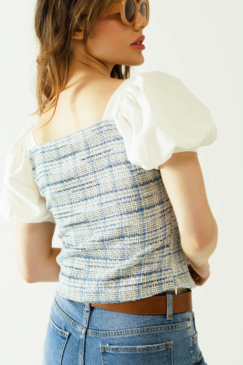 Blue Tweed top with voluminous short sleeves and pearl buttons - Tops