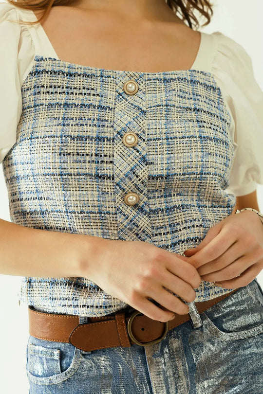 Blue Tweed top with voluminous short sleeves and pearl buttons - Tops