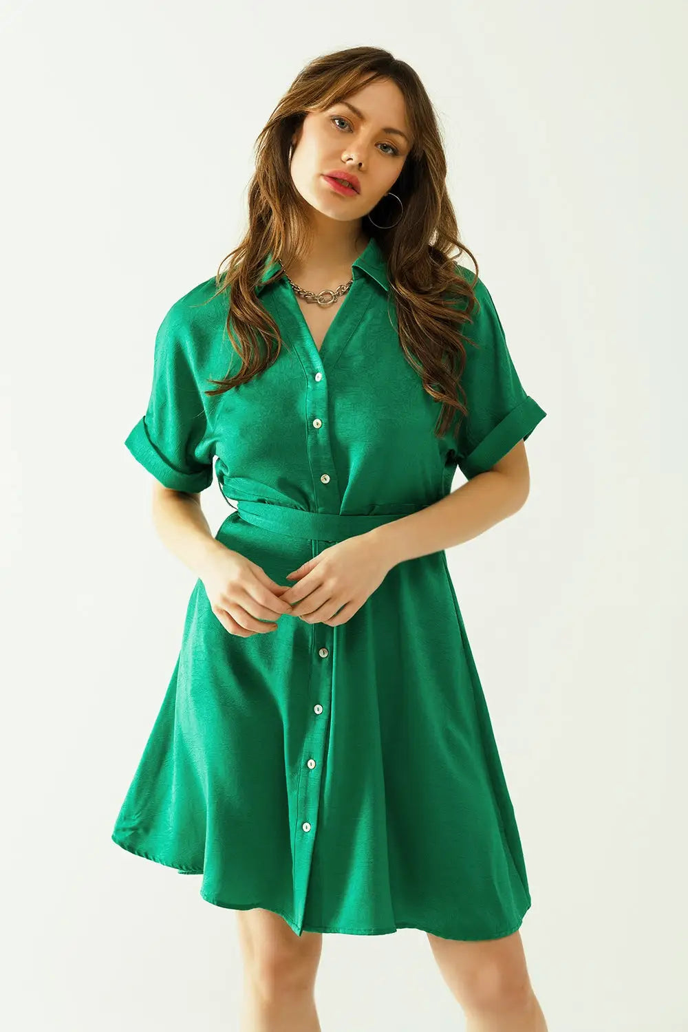 Relaxed belted mini dress with button placked down the front in green - Dresses