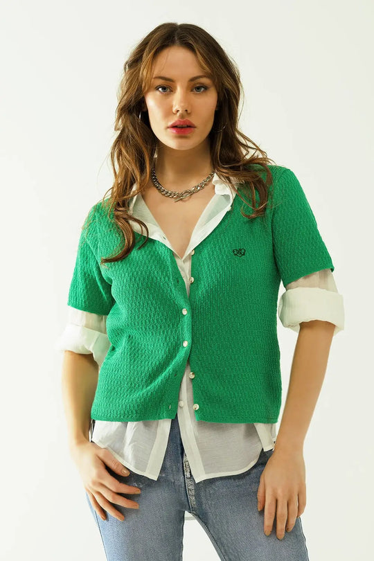 Green cardigan with short sleeves and front closure with button - Sweaters Cardigans
