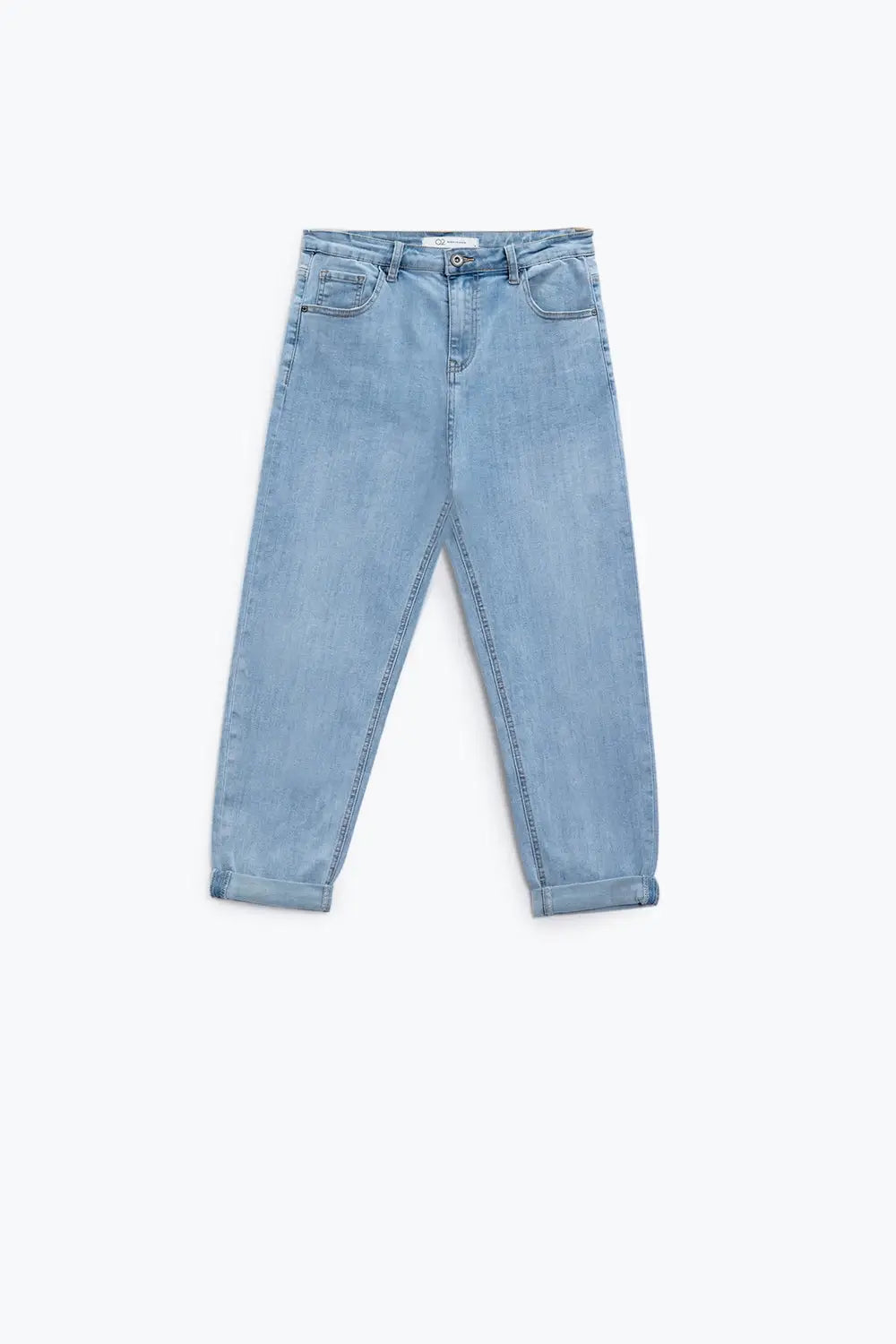 Boyfriend light blue jeans with stitching details on the edges