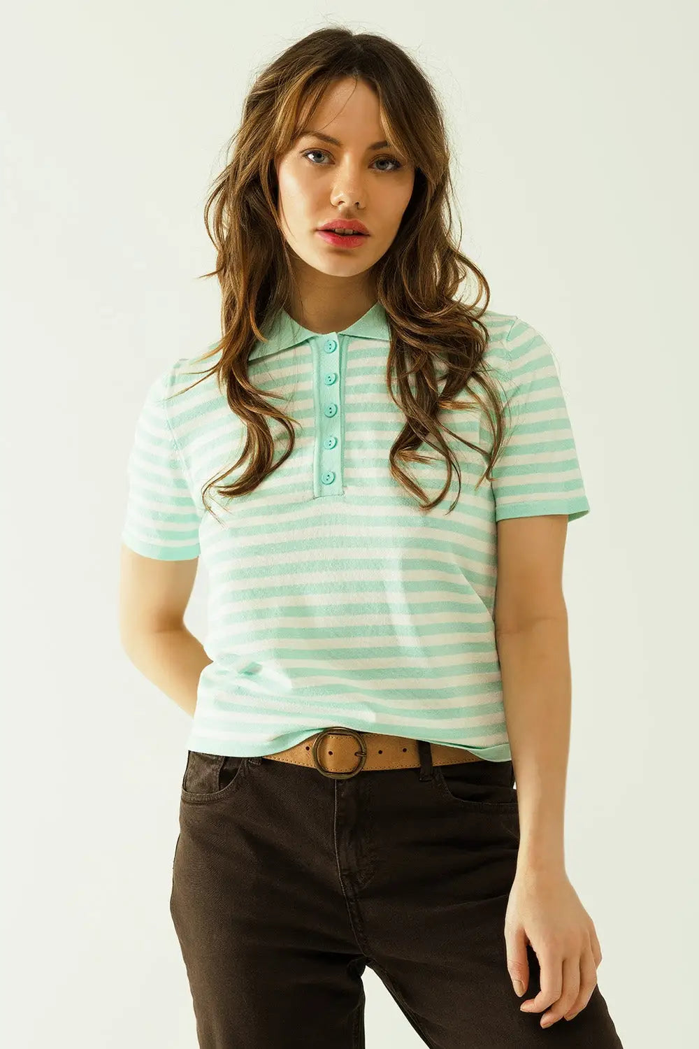 White short sleeves polo shirt with light blue stripes and frontal buttons details - Sweaters