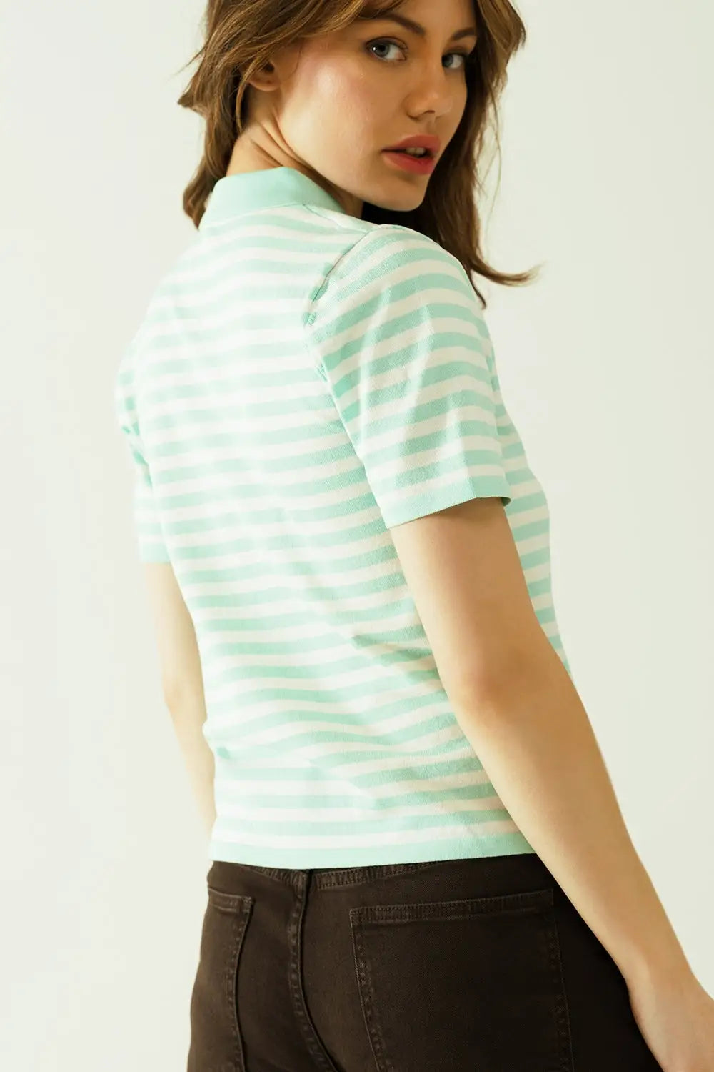 White short sleeves polo shirt with light blue stripes and frontal buttons details - Sweaters