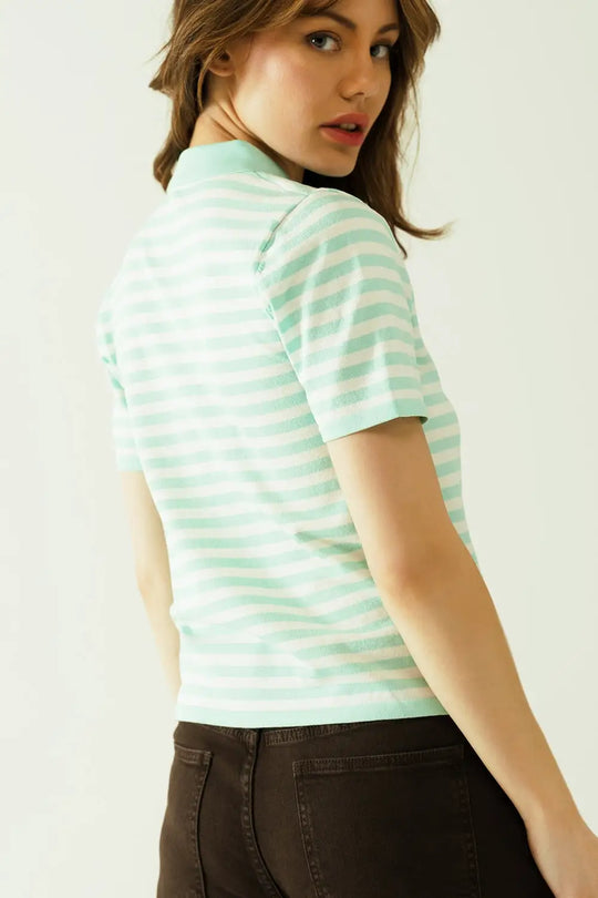 White short sleeves polo shirt with light blue stripes and frontal buttons details - Sweaters