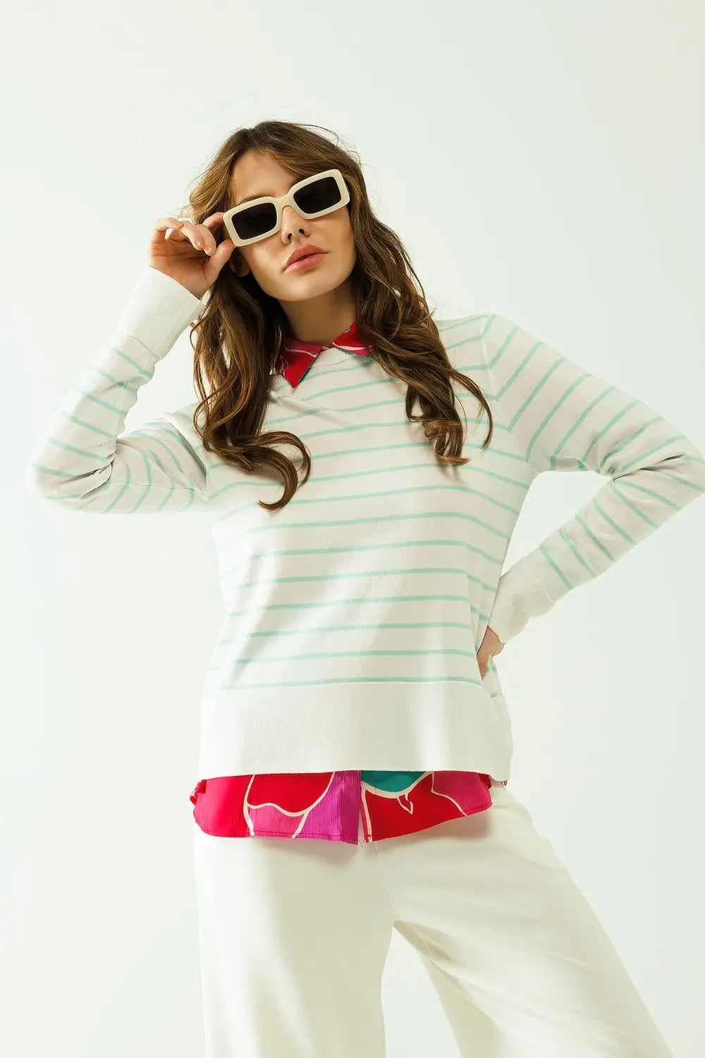 White long sleeves sweater with light green stripes - Sweaters