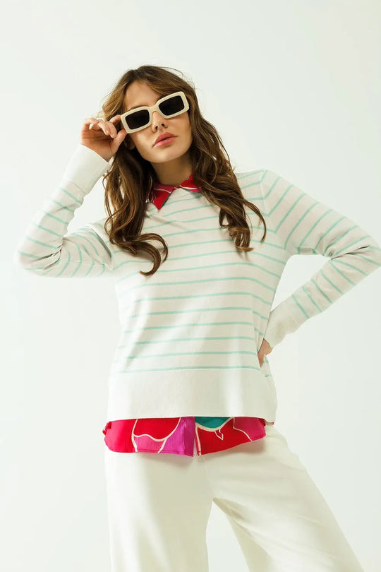 White long sleeves sweater with light green stripes - Sweaters