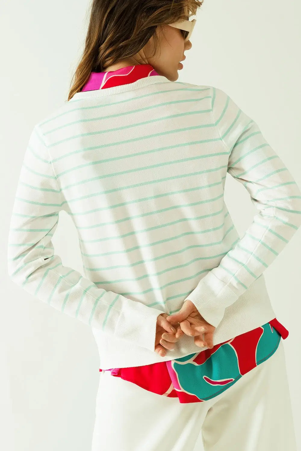 White long sleeves sweater with light green stripes - Sweaters