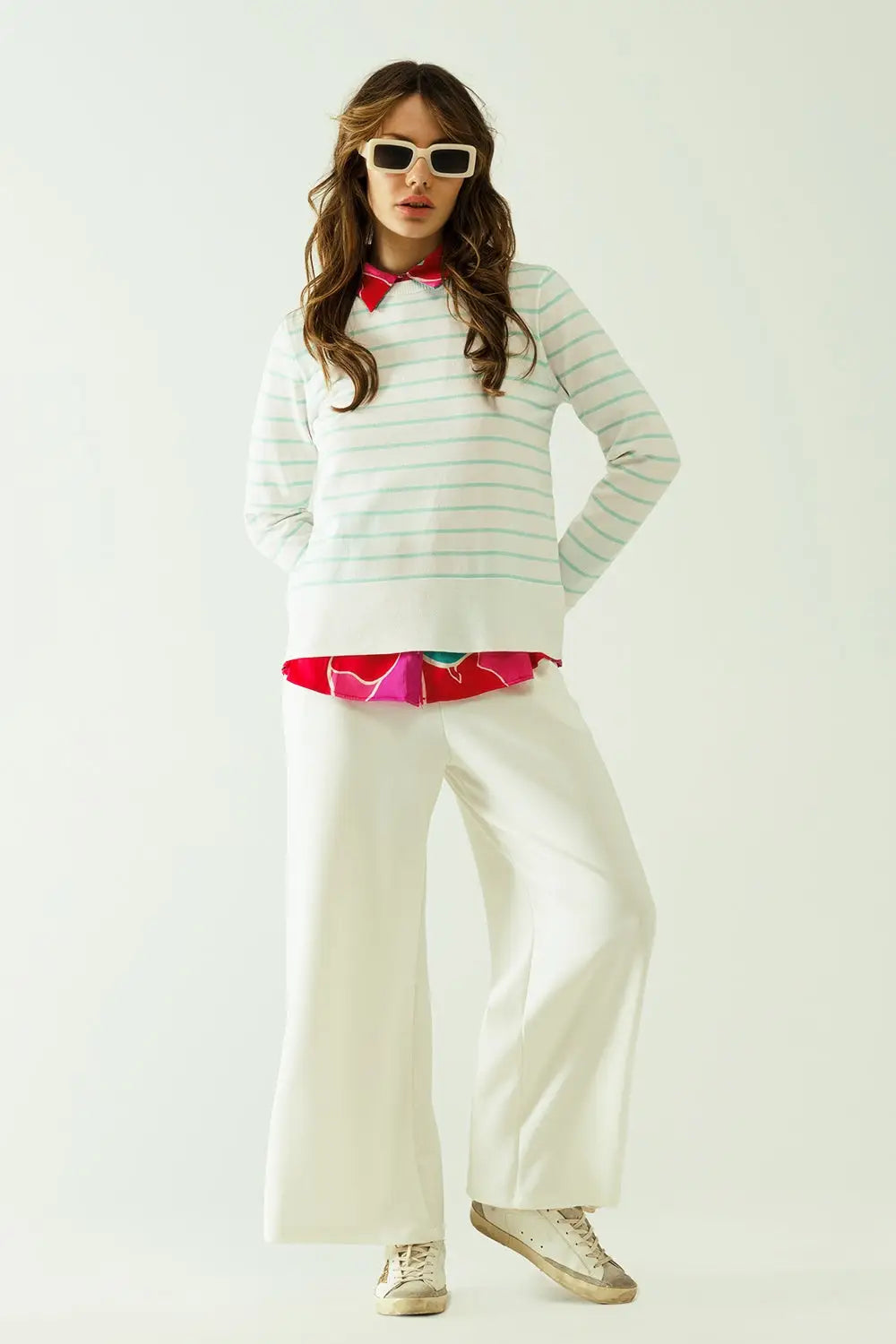 White long sleeves sweater with light green stripes - Sweaters