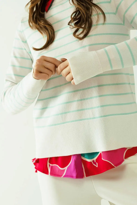 White long sleeves sweater with light green stripes - Sweaters