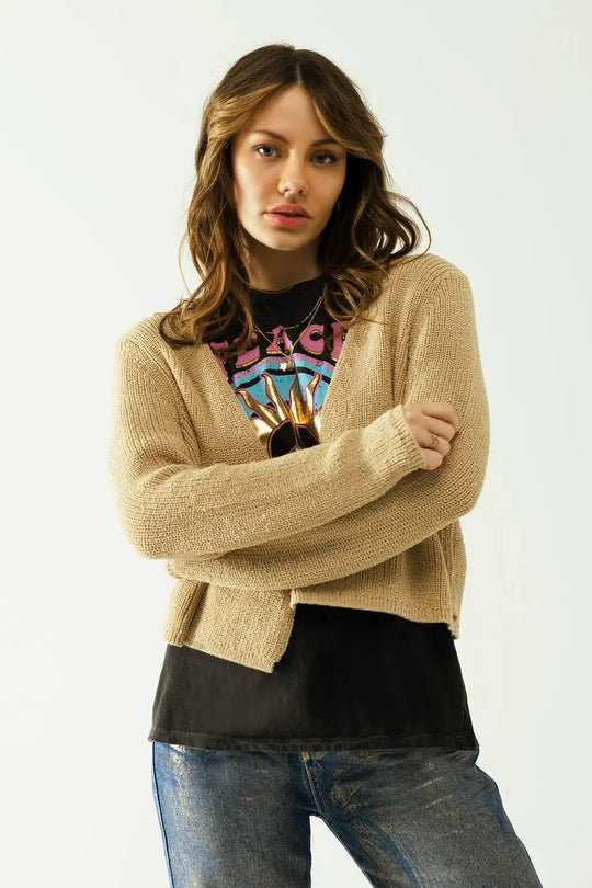 Short open cardigan in beige knit with long sleeves - Cardigans