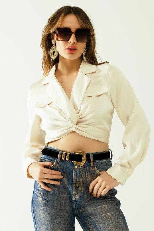 Satin V-neck cream crop top with long sleeves and frontal pockets - Tops