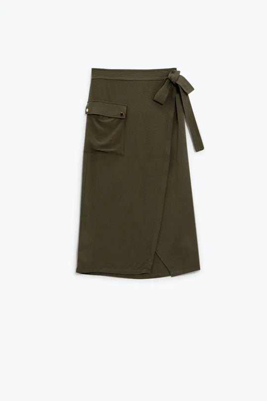 Khaki mid-length skirt with one pocket and a lace detail - Skirts