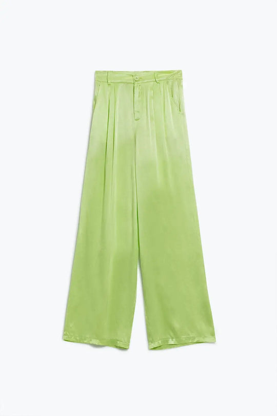 Lime Flared satin Pants With Pockets - Pants