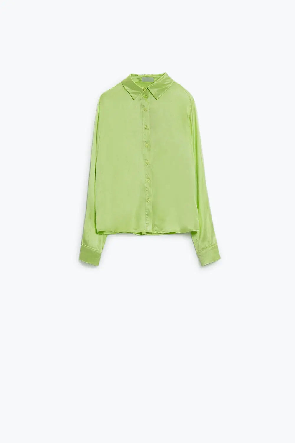 Long Sleeve Button Up satin Blouse With Polo Collar In The Color Lime - Shirts