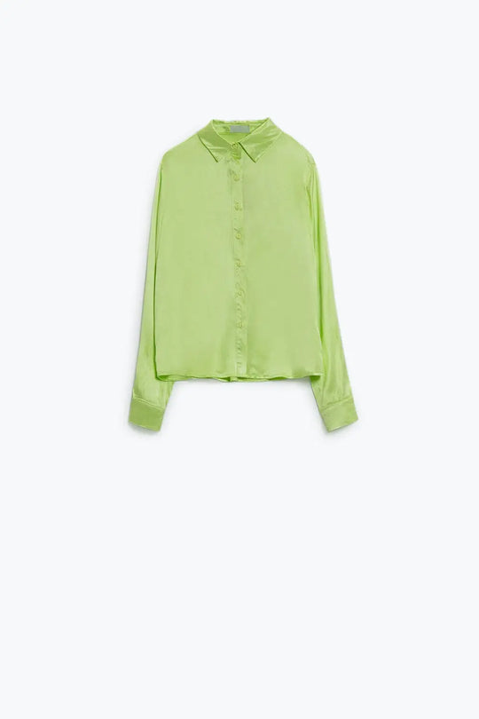 Long Sleeve Button Up satin Blouse With Polo Collar In The Color Lime - Shirts