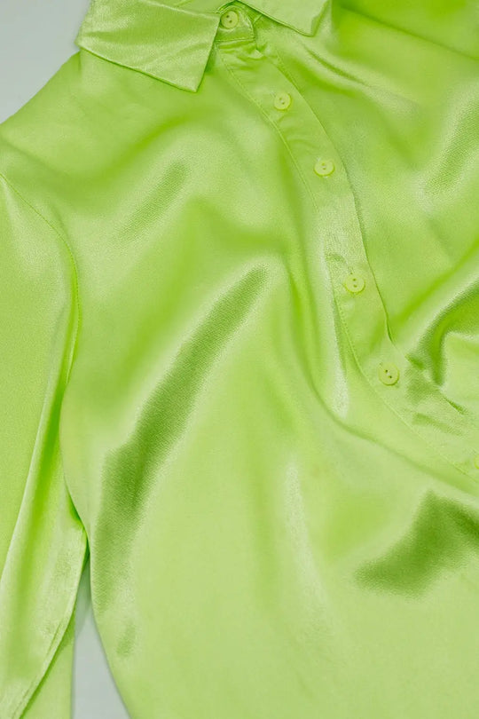 Long Sleeve Button Up satin Blouse With Polo Collar In The Color Lime - Shirts