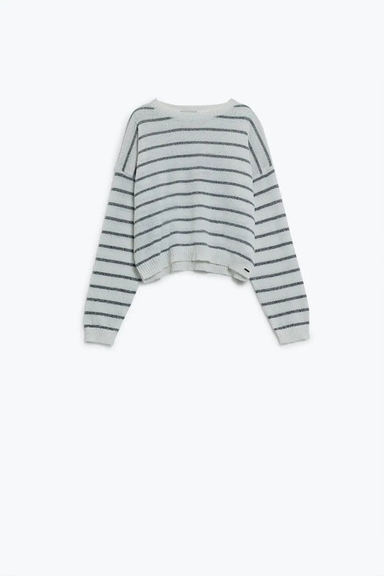Sweater With Drop Shoulders in White with Grey Stripes - Sweaters