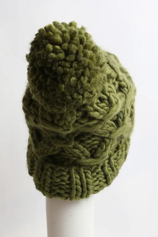 Oversized Chunky Knit Pom Beanie - Olive / One Size